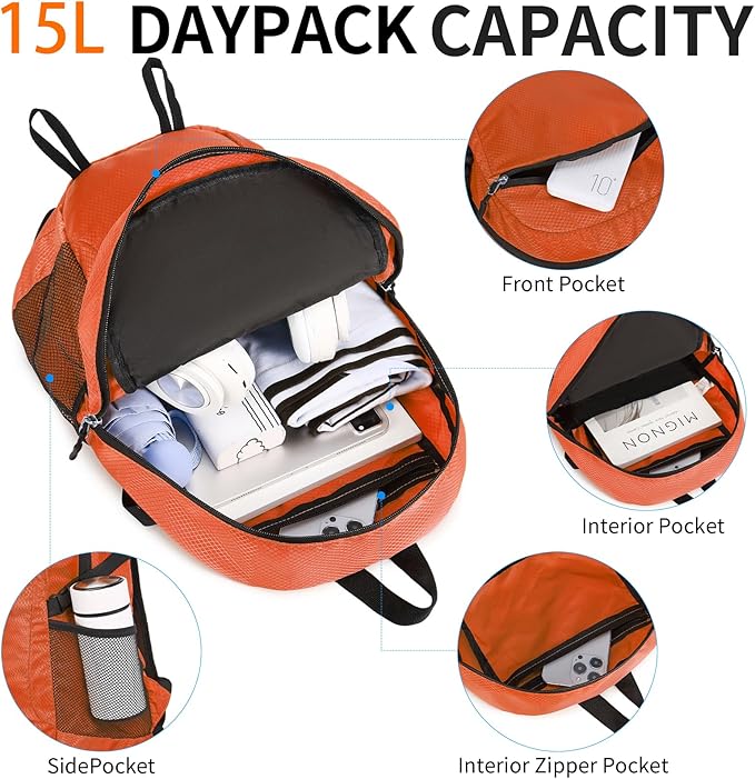 Small Hiking Daypack,15L Water-Resistant Hiking Backpack Packable Lightweight Travel Day Pack for Women Men (Orange, Small)