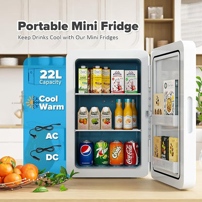 22L/30Cans Mini Fridge for Bedroom, 12v DC Portable Cooler & Warmer, Mini Refrigerator with Glass Front, for Car Office Desk & Dorm Food Beverage Skincare Makeup (White)