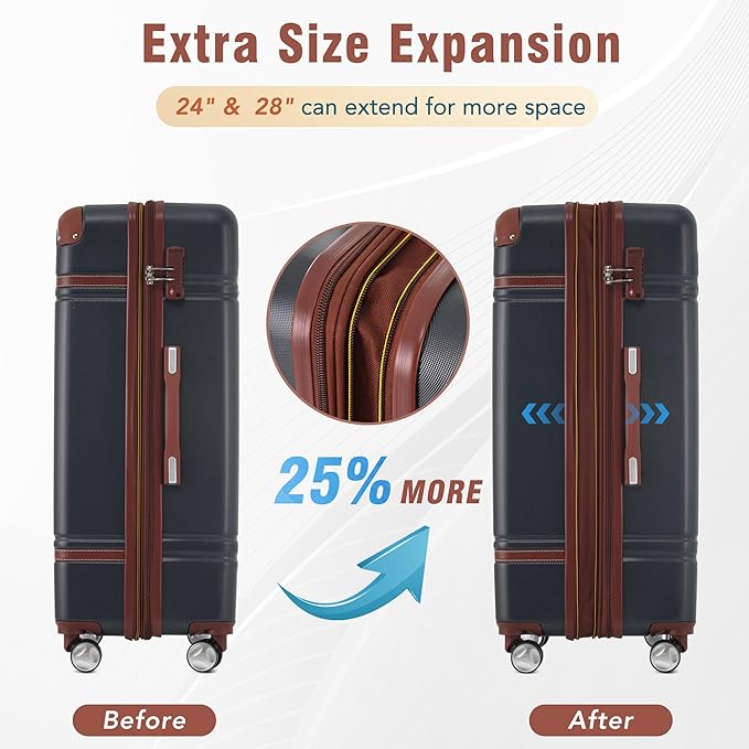 Merax Suitcase Set 24 inches Expandable Luggage with TSA Lock Spinner Wheels Hardshell Lightweight Vintage Luggage with Travel Bag,Black
