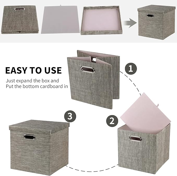Posprica Storage Bins with Lids,13×13×13 Foldable Storage Cube Baskets Boxes Fabric Drawers for Closet Shelf Cabinet Bookcase,Set of 4,Coffee