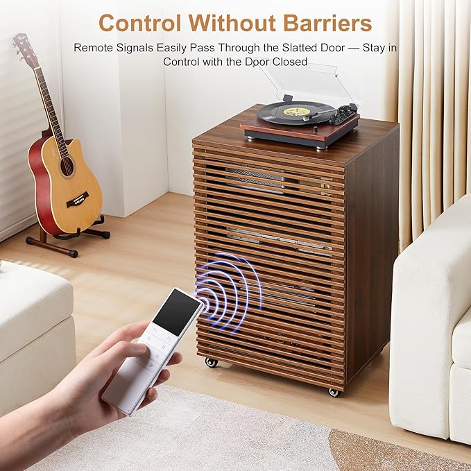 LEVNARY 5-Tier AV Media Cabinet with Grille Door & Adjustable Shelves, Modern Wooden Stereo Rack with Cable Management & Wheels, Audio Video Stand for Living Gaming Room Recording Studio (Walnut)