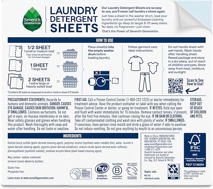 Seventh Generation Laundry Detergent Sheets 32ct Free & Clear Removes Tough Stains Safer for your family