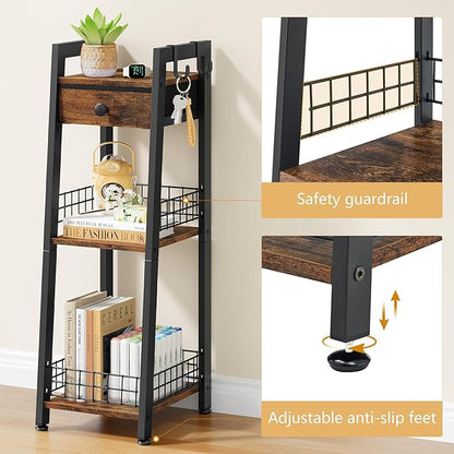 3-Tier Narrow Ladder Shelf with Drawer, Bathroom Floor Storage Shelf, Freestanding Tower Shelf Ladder Bookshelf Brown