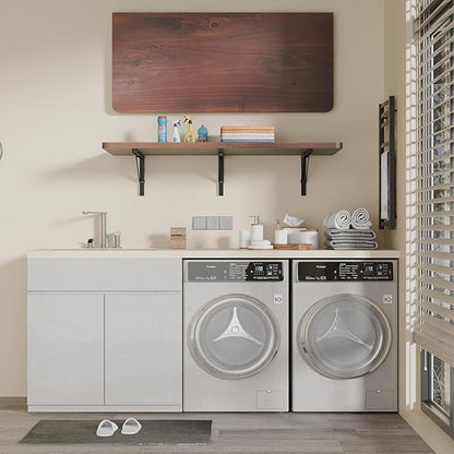 IAE Floating Wall Mounted Folding Table Desk with Pine Wood,55" x 22" Folding Workbench,Fold Down Wall Mounted Foldable Desk with Shelf Brackets,Laundry Table for Home,Dining,Office,Kitchen,Brown