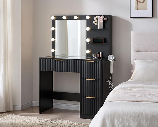 AMERLIFE 36.2" Fluted Vanity Desk with Mirror and Adjustable LED Lights, Large 4 Drawers Makeup Table with Glass Top and Charging Station for Women and Girls, Bedroom or Dorm, Black