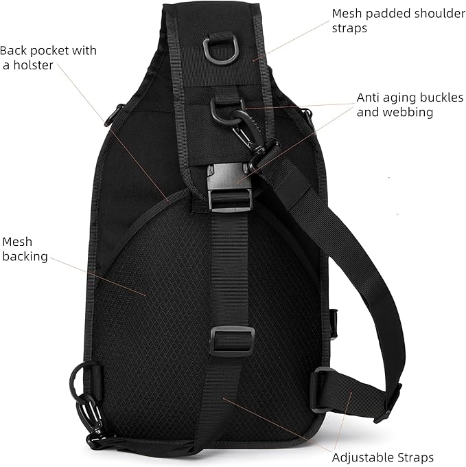 15L Tactical Crossbody Sling Bag | Everyday One Shoulder Backpack Fit 12 Inch Laptop, Molle, Daily Use, Travel, Hiking (Black)