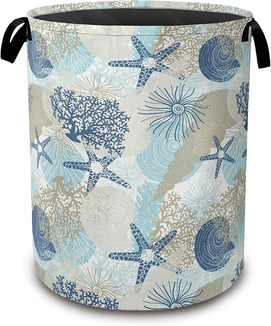 Large Laundry Basket,Corals Seashells Collapsible Laundry Baskets,Cute Algae Waterproof Oxford Hamper with Handles for Bathroom Bedroom Nursery Home Storage 16"x20"