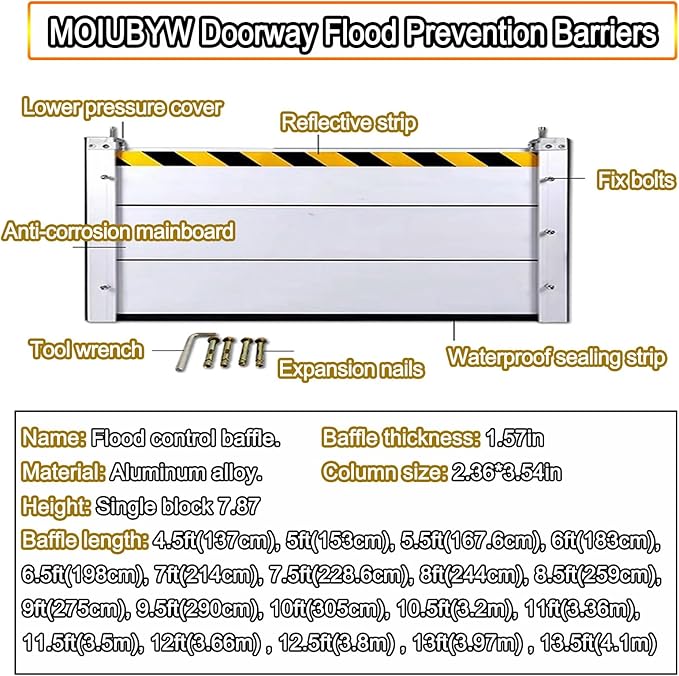 Reusable Flood Barrier, 3/4/5/6/7/8/9/10/11/12/13ft Long Heavy Duty Aluminum Water Barrier Shield for Sliding Glass Door/Driveway/Home Doorway, Removable Stopper Shield with Rubber(H 3.9ft