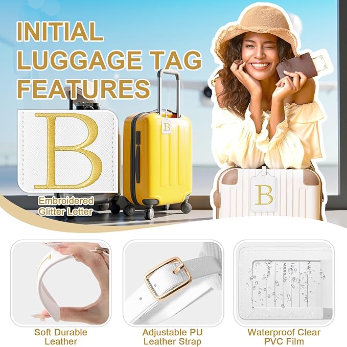 Personalized Initial Luggage Tags for Suitcase TSA Approved, White Leather Cute Luggage Tag with Privacy Cover Name Card, Embroidered Custom Luggage Tags Travel Baggage Tags Gifts for Women Kids(B)