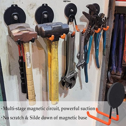ULIBERMAGNET Strong Magnetic Hooks,Large Magnet with Hooks for Heavy Duty Tools,Jig Saw,Hose, 4 Pack Heavy Duty Magnetic Hooks for Hammer Drill,Circular Saw,Garden Tool(3.46inch/Orange)