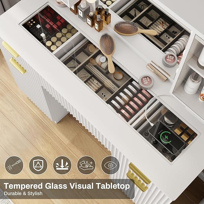 ONME Fluted Makeup Vanity Desk with Mirror and Lights, for Women and Girls, Vanity Table with Drawers, Glass Top, Power Outlet & Adjustable Shelves, Modern Dressing Table for Bedroom