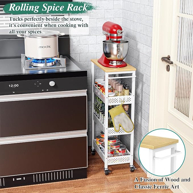 Utility Slim Storage Cart, 4-Tier Narrow Bathroom Organizers and Storage Cart, Narrow Metal Kitchen Laundry Room Organization Shelf with Wood Top, Slim Rolling Carts with Wheels for Small Space