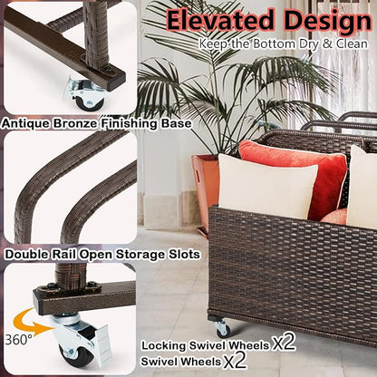 Poolside Float Storage Organizer, Outdoor Wicker Rattan Pool Float Holder Storage Rack for Basket Box Patio Pool Storage Caddy with Rolling Wheels for Pool Toy Noodles Equipment Accessroies Espresso