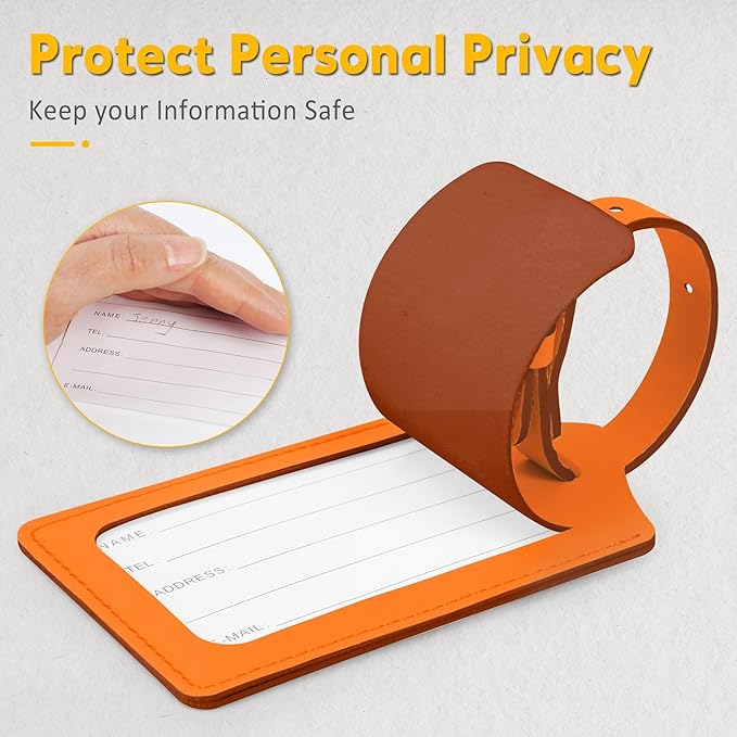 Travelambo Luggage Tags for Suitcases Faux Leather Privacy Protection 12 Pack Bag Tags Travel Accessories Essential, Hot Orange