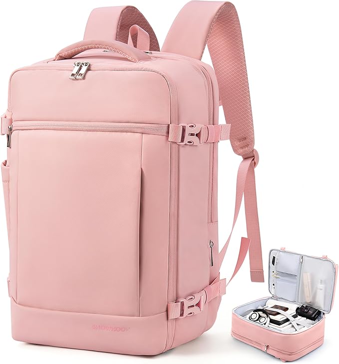 SHOWKOO Travel Backpack For Man Women, Airline Approved Carry On Laptop Backpack For Business, 40L Expandable Large Capacity Backpack, Pink