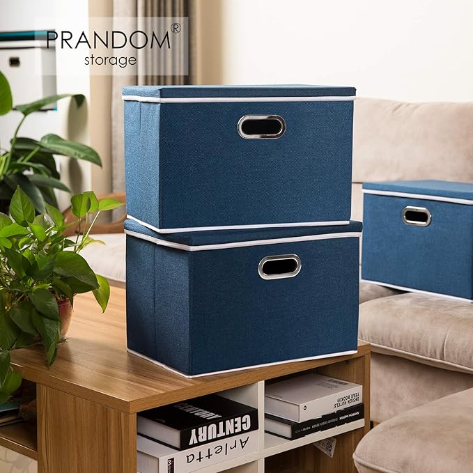 PRANDOM Extra Large Collapsible Storage Bins with Lids [3-Pack] Linen Fabric Foldable Storage Baskets Boxes Organizer Containers Cube with Cover for Bedroom Closet Office Nursery (22.8x15.75x13.8)