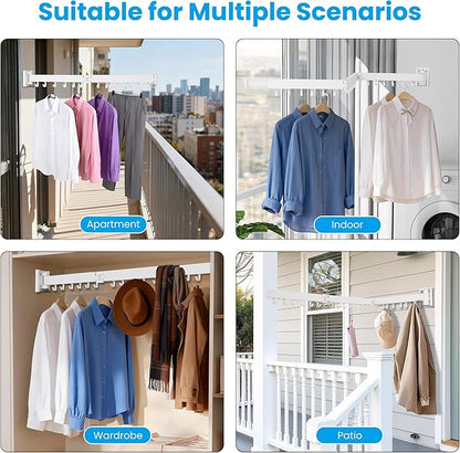 Clothes Drying Rack Wall Mounted, Retractable Collapsible(Tri-Fold) Space Saver, White with 18 Hooks for Laundry Room Organization Apartment Balcony Bathroom