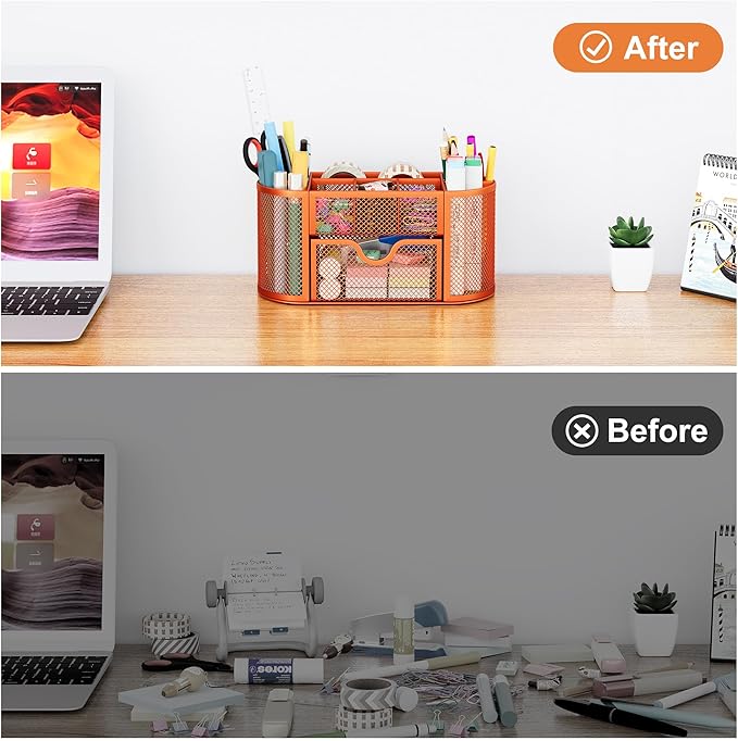 EasyPAG Mesh Pen Holder Desk Organizer with Drawer Stationery Supplies Organizer for Dorm School 9 Compartments Workspace Desk Accessories Organization for Office, Orange