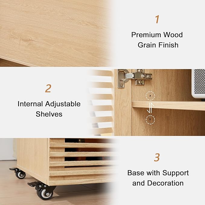 LEVNARY 5-Tier AV Media Cabinet with Grille Door & Adjustable Shelves, Modern Wooden Stereo Rack with Cable Management & Wheels, Audio Video Stand for Living Gaming Room Recording Studio (Natural)