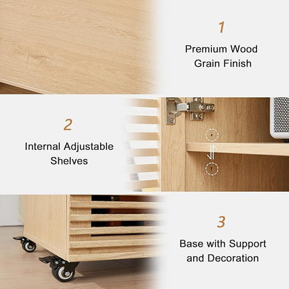 LEVNARY 5-Tier AV Media Cabinet with Grille Door & Adjustable Shelves, Modern Wooden Stereo Rack with Cable Management & Wheels, Audio Video Stand for Living Gaming Room Recording Studio (Natural)