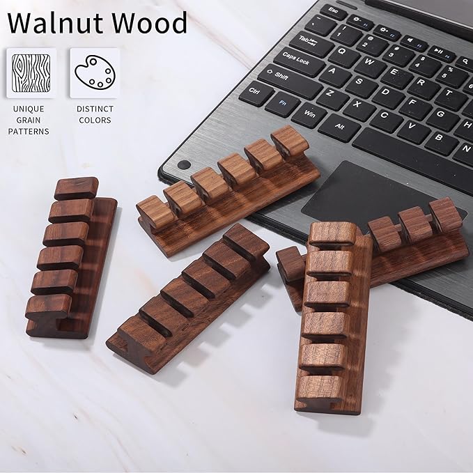Walnut Wood Cord Holder – 5 Slots Cable Organizer with Adhesive Tape, Desk Wire Management for USB, Charging, HDMI, and Type-C Cables (5 Slot)