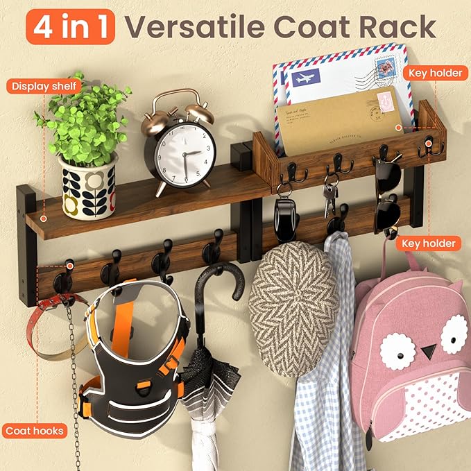 29'' Rustic Coat Rack Wall Mount with Shelf and Key Hooks, Solid Wood Key Holder Wall Mount, Farmhouse Wall Organizer for Mail, Entryway Wall Hangers for Hats, Clothes, Backpacks, Dog Leashes, Mudroom