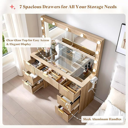 AMERLIFE 47.2" Fluted Vanity Desk with Large Mirror and Adjustable LED Lights, 7 Drawers Makeup Table with Glass Top and Charging Station for Women and Girls, Bedroom or Dorm, Oak