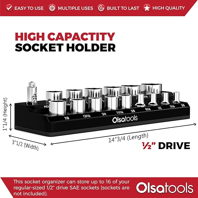 Olsa Tools Magnetic Socket Organizer | 1/2-Inch Drive | SAE | Black | Holds 16 Sockets | Professional Quality Tools Organizer
