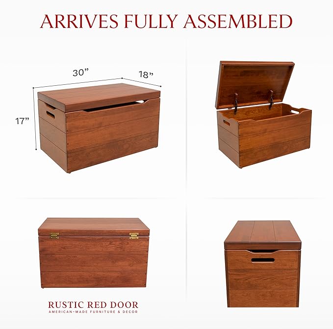 Amish Made Wooden Storage Chest Trunk Box with Lid and Handles for Bedroolanket, Clothes, Anti-Slam Hinges, Handmade, Rustic, Cherry Wood, W. Cherry Stain, 30"