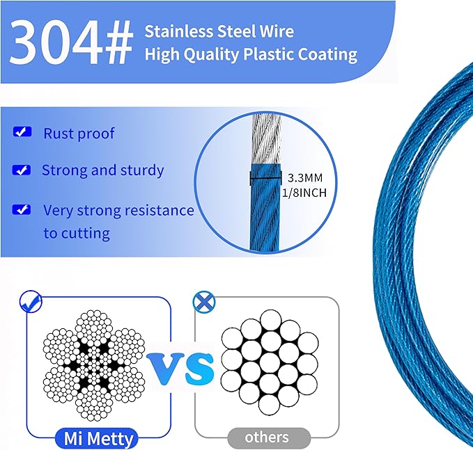 3.3mm (1/8 Inch) Outdoor Travel Stainless Steel Security Cable-20ft Luggage Lock Safety Wire Flexible Steel Wire Rope with Double Loop Safety for Luggage, Bike, Lock(Blue, 20ft-(1Pack)