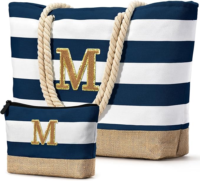 Becokan Beach Bag Initial Beach Tote with Makeup Bag for Travel Work Storage Personalized Birthday Gifts for Women Her