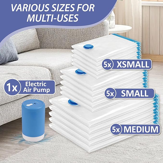 Cozy Essential 15 Pack Travel Vacuum Storage Bags with Portable Electric Pump, Suitase Vacuum Seal Space Saver Bags for Clothing and Luggage Compression