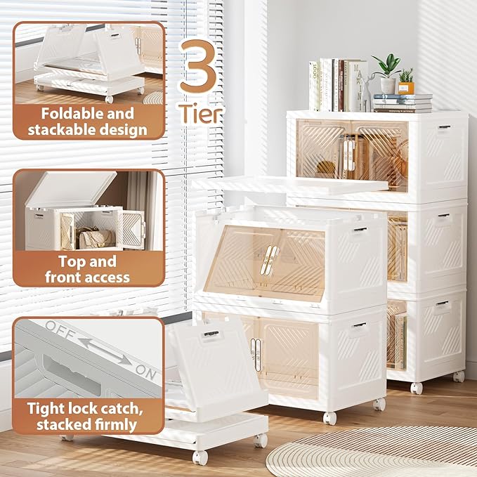 Storage Bins with Lid 76QT, Stackable Storage Containers with Wheels and Magnetic Doors, Plastic Clothes Closet Organizers and Storage Box for Home and Office (3 Pack)