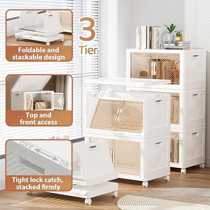 Storage Bins with Lid 76QT, Stackable Storage Containers with Wheels and Magnetic Doors, Plastic Clothes Closet Organizers and Storage Box for Home and Office (3 Pack)