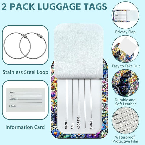 2 Pack Cute Luggage Tag for Suitcases Black Cat Leather Luggage Tags with Stainless Steel Loop Privacy Flap Name Tags,Men and Women Travel Bag Suitcase Tags