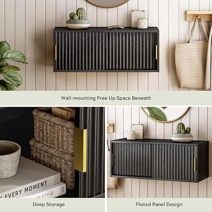 Floating Nightstand with Sliding Doors, Modern Large Night Stand Storage Shelf Wall Mounted Bedside Tables for Bedroom, Study Room Black