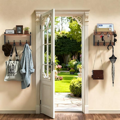 29'' Rustic Coat Rack Wall Mount with Shelf and Key Hooks, Solid Wood Key Holder Wall Mount, Farmhouse Wall Organizer for Mail, Entryway Wall Hangers for Hats, Clothes, Backpacks, Dog Leashes, Mudroom