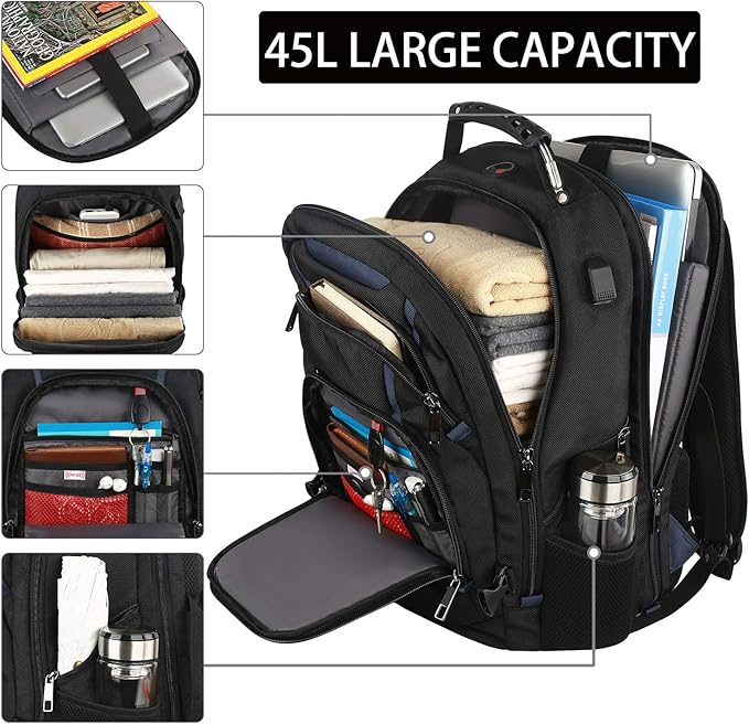 17.3 Laptop Backpack for Men Women, Extra Large Travel laptop Backpack with Rain Cover, TSA Friendly Flight Approved with RFID Anti Theft Pocket and USB Charger Port, Water Resistant School BookBag