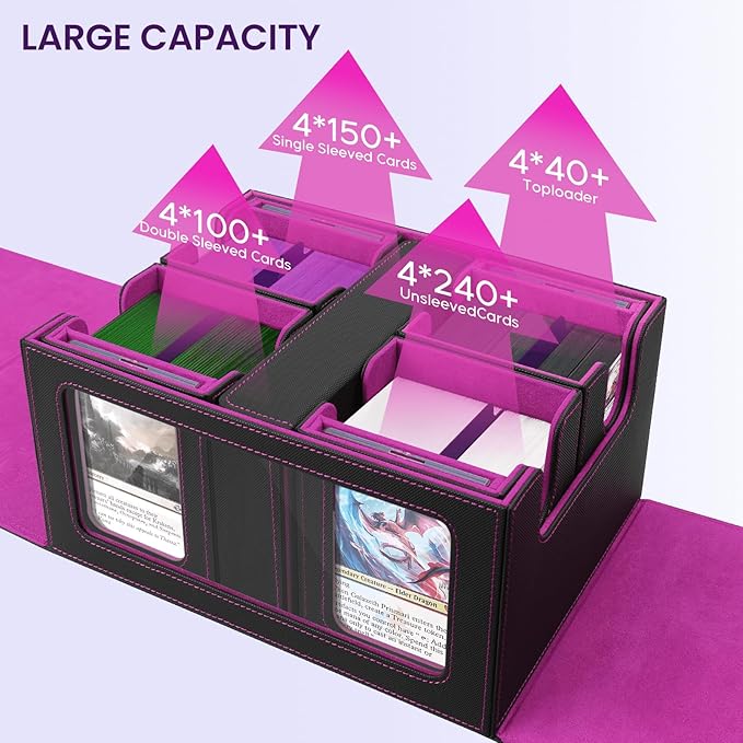 Card Deck Box for MTG with Commander Display, 5 in 1 Card Storage Box Fits 400+ Double-sleeved Cards, Deck Case for TCG Sports Cards with Dividers, Dice Tray, Magnetic Card Holders, Black Purple