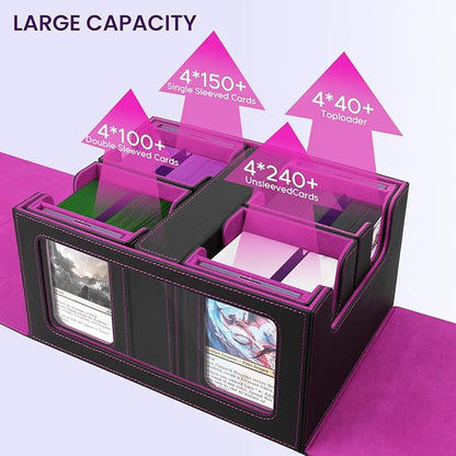 Card Deck Box for MTG with Commander Display, 5 in 1 Card Storage Box Fits 400+ Double-sleeved Cards, Deck Case for TCG Sports Cards with Dividers, Dice Tray, Magnetic Card Holders, Black Purple