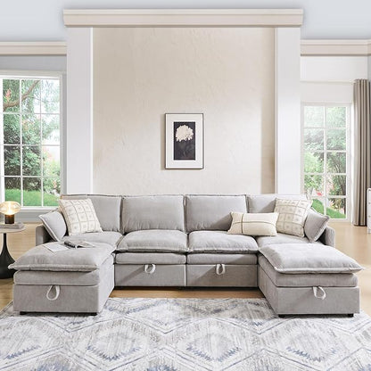 116.54" Sectional Couches for Living Room, Cloud Couch Sectional with Large Storage, U-Shape Modular Sectional Sofa with Ottoman,6 Chenille Seater with Pillow for Apartment, Bedroom, Light Grey