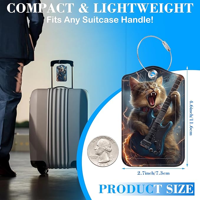 Cat Playing Electric Guitar Luggage Tags for Suitcases Leather Travel Tags for Luggage ID Label with Privacy Cover and Stainless Steel Loop for Men Women Suitcase Backpack, Set of 2