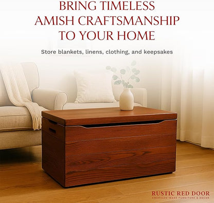 Amish Made Wooden Storage Chest Trunk Box with Lid and Handles for Bedroolanket, Clothes, Anti-Slam Hinges, Handmade, Rustic, Oak Wood, Cherry Stain, 30"