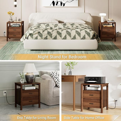 Night Stand Set of 2 with Charging Station, 20" Large Modern Side Table with Solid Round Post Legs, 2 Drawers End Table with Open Shelf, Nightstand for Bedroom, Walnut