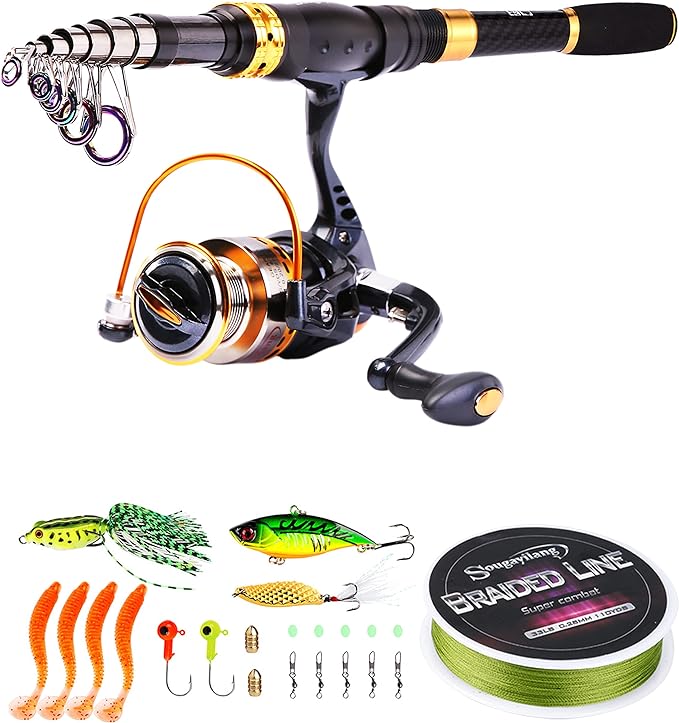 Sougayilang Fishing Rod Reel Combos Carbon Fiber Telescopic Fishing pole with Spinning Reel for Travel Saltwater Freshwater Fishing
