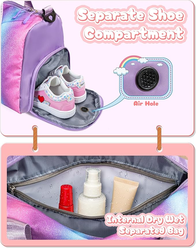 Sister Graduation Gift-Girl Gym Bag with Shoe Compartment, Kid Personalized Weekender Overnight Bags, Initial Travel Tote with Makeup Pouch Valentine's Day Gifts for Kids (Letter I)