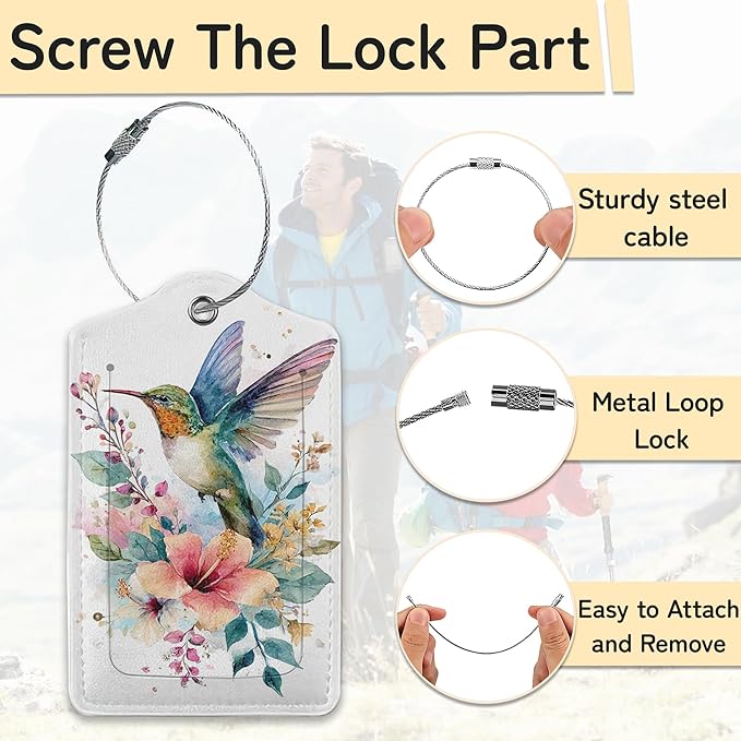 Hummingbird Flowers 3 Pack Luggage Tags for Suitcases, Cute Leather Name Tag with Privacy Cover with Stainless Steel Loops, Travel ID Bag Tags for Women Men