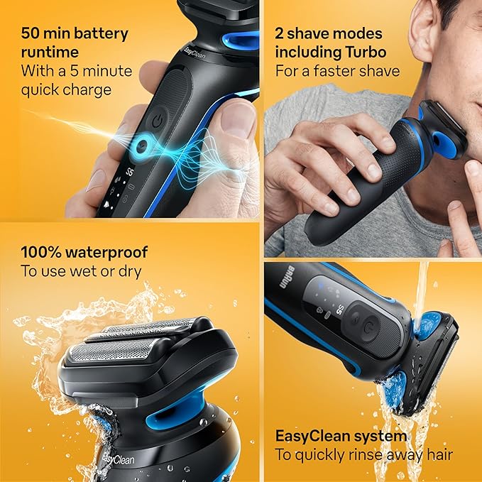 Braun Electric Shaver for Men, Series 5 5120s, Wet & Dry Shave, Turbo Shaving Mode, Foil Shaver, Engineered in Germany, with Beard Trimmer & Attachments, Blue