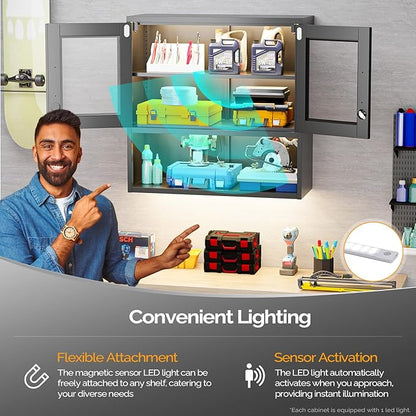 VINGLI Metal Wall Cabinet with Locking Glass Doors & Magnetic LED Sensor Light, Adjustable Shelf, Wall Mounted Storage Display Cabinets for Garage, Kitchen, Home Office, Warehouse, Living Room, Black