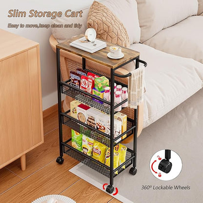 AZERPIAN Slim Rolling Cart 4 Tier Narrow Storage Cart on Wheels with MDF Board Top and Metal Handle for Small Space Kitchen Living Room Bathroom Laundry Room (16.38 x 9.06 x 30.31inch)